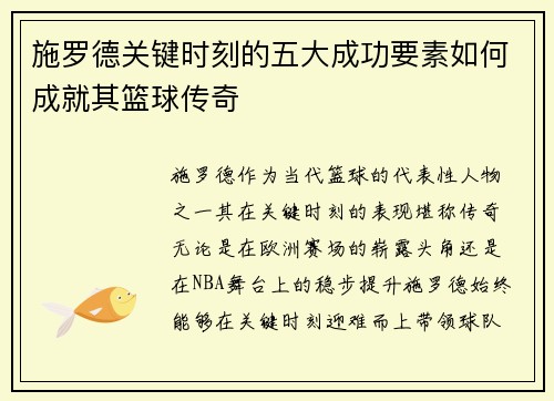 施罗德关键时刻的五大成功要素如何成就其篮球传奇